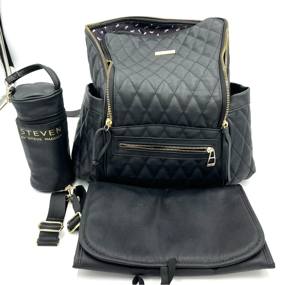 Steve Madden Black Quilted Leather Backpack Baby Bag (BLACK BAG)